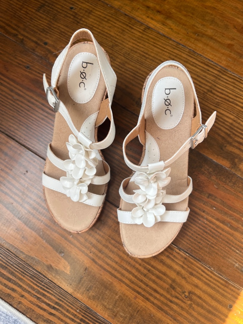 b.o.c. Cream Floral T-Strap Wedge Sandals